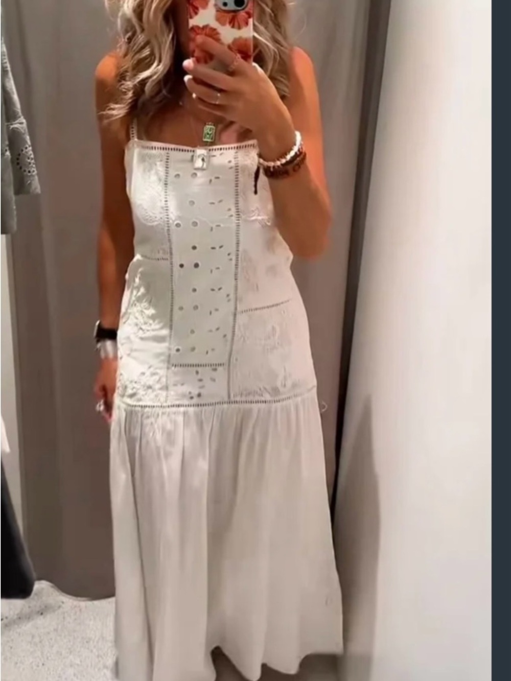 Zara White Eyelet Maxi Dress with Spaghetti Straps